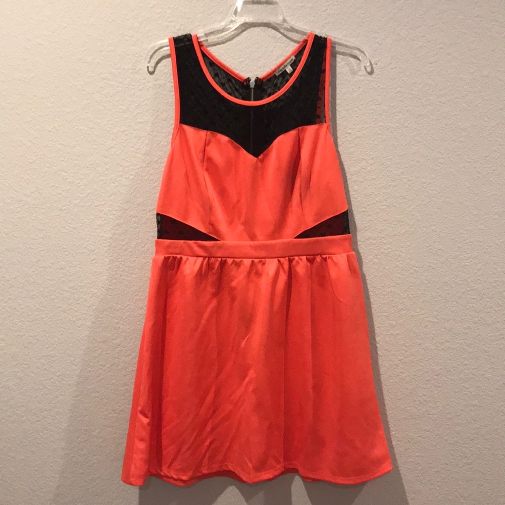 Pink party dress with black lace accents